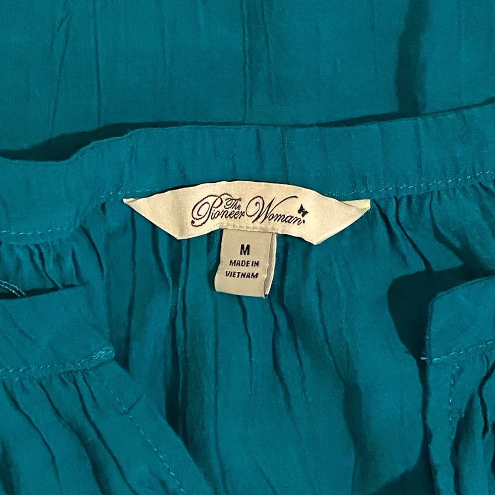 Pioneer Woman Size M Teal Boho Dress with Embroidered Sleeves - Picture 6 of 7